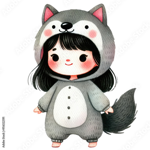 Adorable illustration of a young girl in a cute wolf costume, suitable for children's themed projects and playful designs. photo