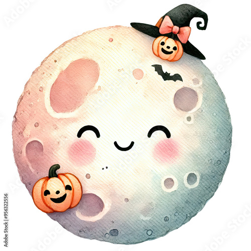 Cute cartoon moon with smiling pumpkins wearing witch hats, perfect for Halloween decorations or themed party designs. photo