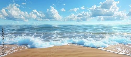 A scenic vista showcasing where the ocean meets the sky with calm waves caressing the sandy shore in the foreground set against a copy space image