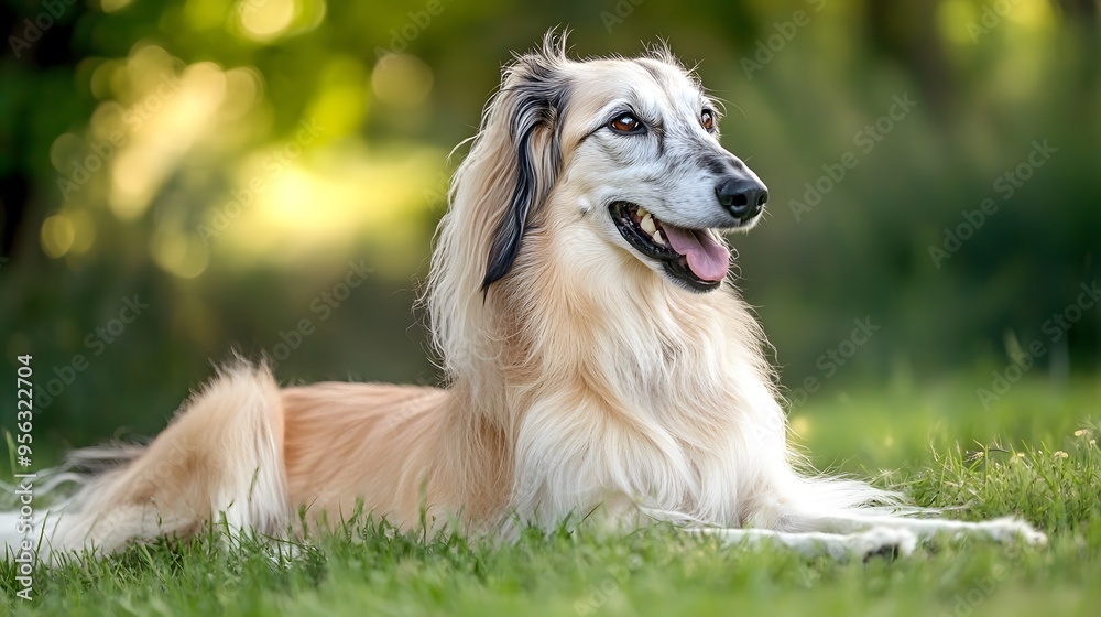 Fototapeta premium Beautiful dog laying on green grass in a park