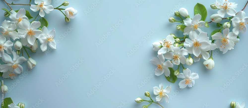 Light blue background with lovely jasmine flowers ideal for text placement copy space image Light blue background with lovely jasmine flowers ideal for text placement copy space image