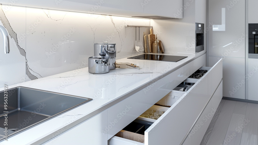 a minimalist kitchen with white quartz countertops and hidden storage a minimalist kitchen with white quartz countertops and hidden storage