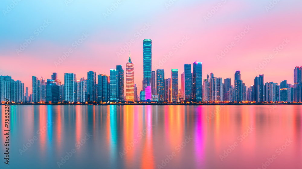 Obraz premium A modern city skyline with vibrant neon reflections on the water at dusk, showcasing the lively energy of urban life.