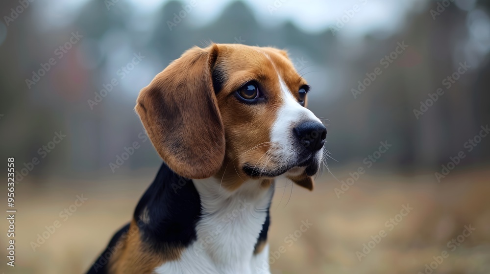A beagle dog with a focused expression against a blurred natural background A beagle dog with a focused expression against a blurred natural background