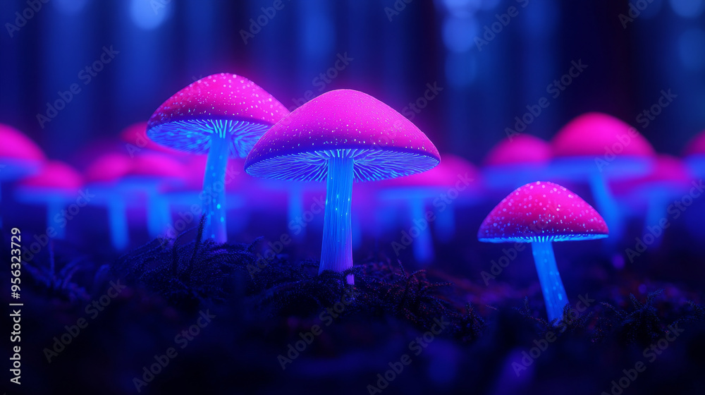 Fototapeta premium Neon pink mushrooms glow brightly in a dark forest, creating a surreal, almost otherworldly scene with their vibrant colors.