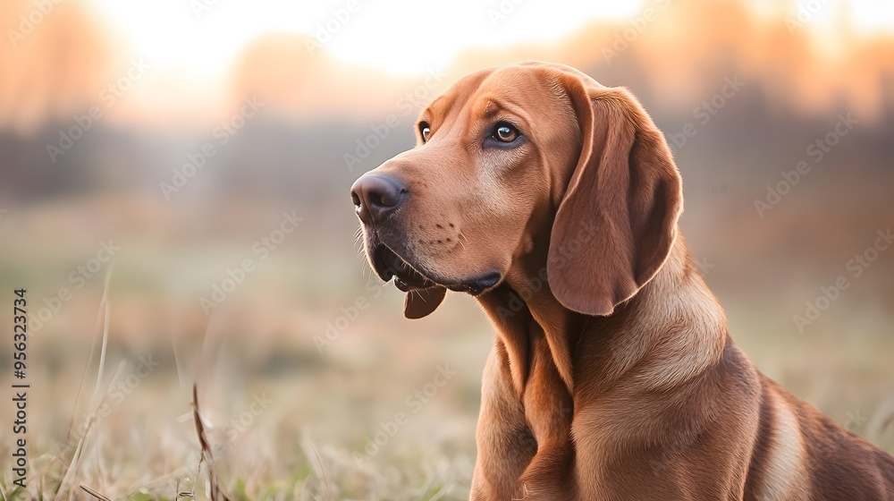 A brown dog with floppy ears and a focused gaze sitting in a field during sunrise A brown dog with floppy ears and a focused gaze sitting in a field during sunrise