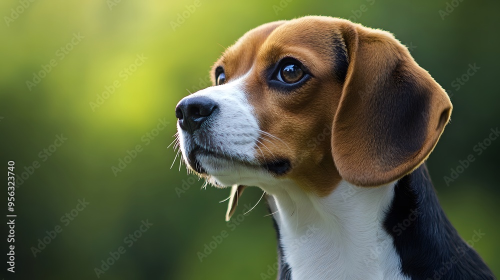 A close-up portrait of a beagle with a blurred green background A close-up portrait of a beagle with a blurred green background