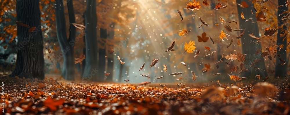 Obraz premium Autumn forest with leaves falling gently, 4K hyperrealistic photo