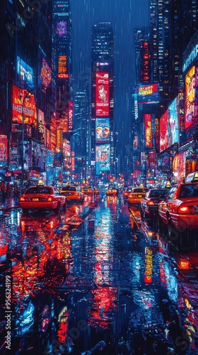 Neon lights reflecting on wet street of big city at night photo