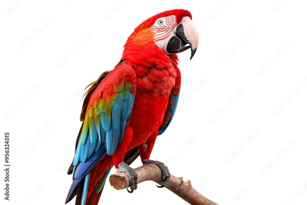 Fototapeta premium Scarlet macaw perched on branch against light background, suitable for nature or wildlife themed designs and projects