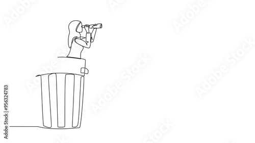 Self drawing animation single one line drawing Arab businesswoman emerges from trash bin look for something with binoculars. Protect environment from unfavorable business effects. Full length animated photo