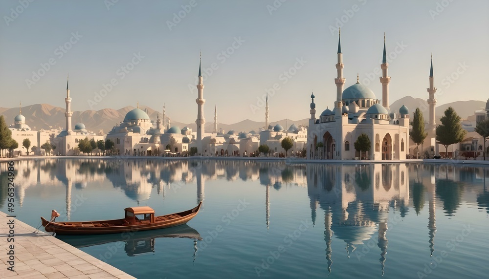 Naklejka premium a Scenic Mosque by a Serene Lake in Turkey