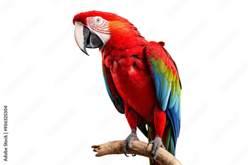 Scarlet macaw perched on branch against light background, suitable for nature or wildlife themed designs and projects Scarlet macaw perched on branch against light background, suitable for nature or wildlife themed designs and projects