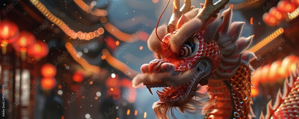 Obraz premium Chinese New Year dragon dance, 4K hyperrealistic photo