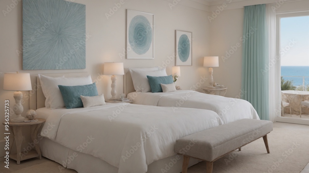 Ultra-realistic sea-side master bedroom with photo frames and other accessories interior design image template. White bedroom interior image. Ultra-realistic sea-side master bedroom with photo frames and other accessories interior design image template. White bedroom interior image.