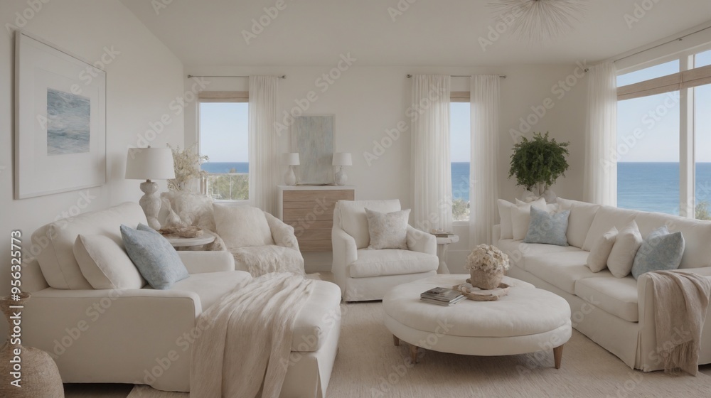 Fototapeta premium Ultra-realistic sea-side master bedroom with photo frames and other accessories interior design image template. White bedroom interior image.
