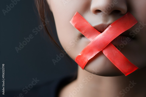 A red tape crossed over the mouth of a woman, symbolizing the restriction of free speech