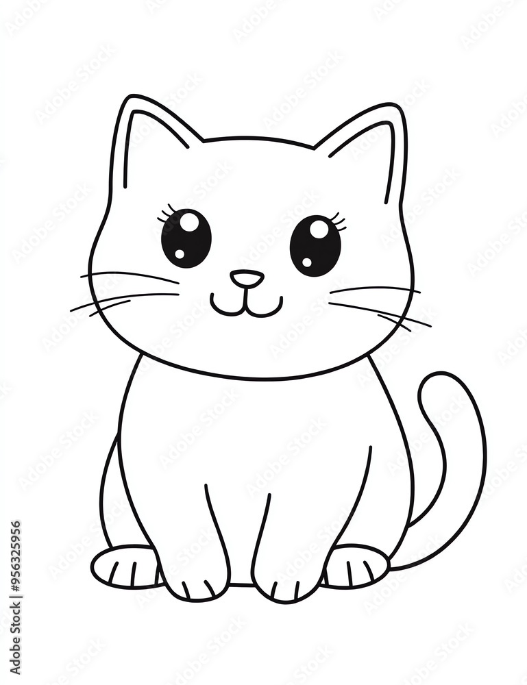 Fototapeta premium Cute, simple cartoon cat coloring page for kids, in the style of cute, kawaii anime, with black and white line art illustration on a solid white background