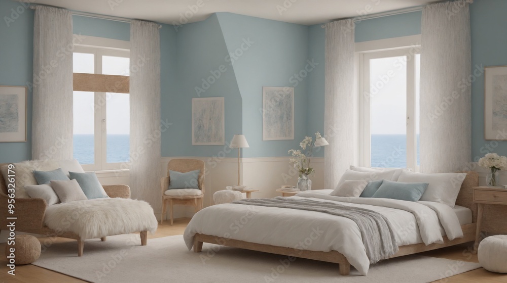 Fototapeta premium Ultra-realistic sea-side master bedroom with photo frames and other accessories interior design image template. White bedroom interior image.