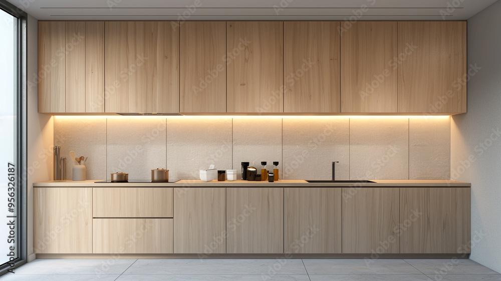 an image of a minimalist kitchen with light wood cabinets and a minimalist backsplash an image of a minimalist kitchen with light wood cabinets and a minimalist backsplash