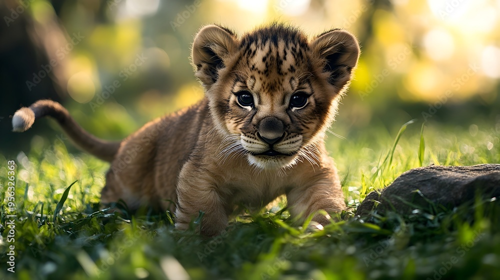 Obraz premium Closeup portrait of an adorable and playful lion cub exploring and frolicking in a lush green grass field with ample copy space for text overlay