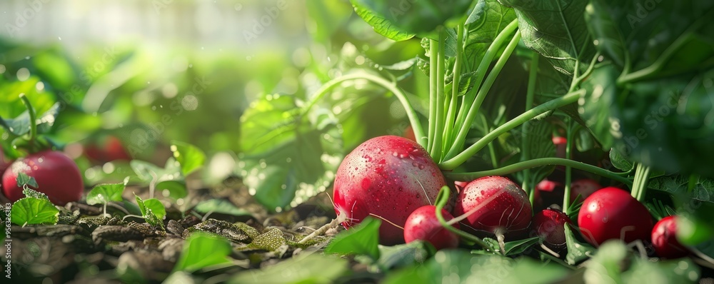 Fresh radishes with leaves in natural setting, 4K hyperrealistic photo Fresh radishes with leaves in natural setting, 4K hyperrealistic photo