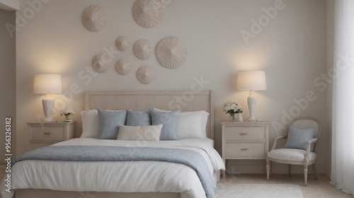 Ultra-realistic sea-side master bedroom with photo frames and other accessories interior design image template. White bedroom interior image.