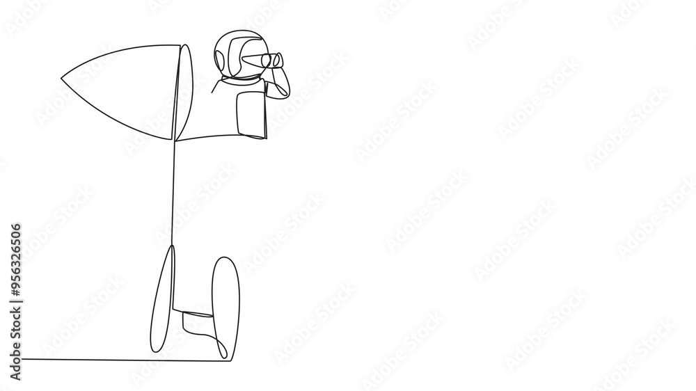Animated self drawing of single continuous line drawing astronaut emerges from the end of rocket looking for something through binoculars. Check details before flying into space. Full length animation Animated self drawing of single continuous line drawing astronaut emerges from the end of rocket looking for something through binoculars. Check details before flying into space. Full length animation