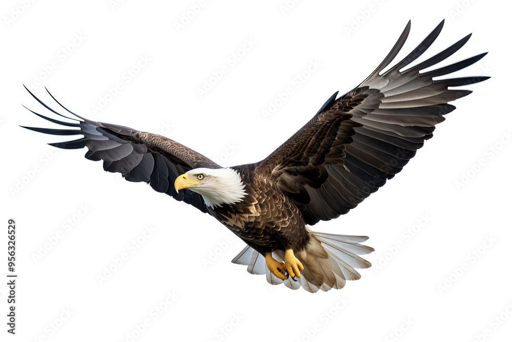 Fototapeta premium Bald eagle in flight with detailed feathers PNG on transparent background ideal for wildlife design projects and nature-themed graphics