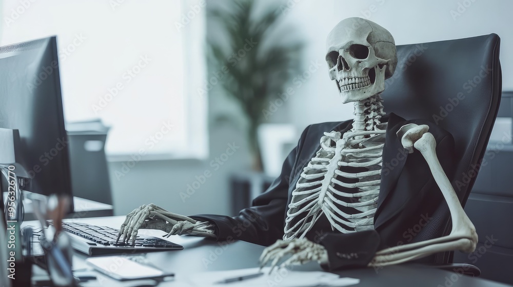 Skeleton Businessman Working in the Office, Dead Skeleton in Workplace, 3D Illustration. AI generated illustration. Skeleton Businessman Working in the Office, Dead Skeleton in Workplace, 3D Illustration. AI generated illustration.