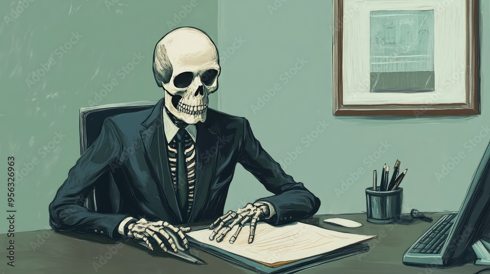 Skeleton Businessman Working in the Office, Dead Skeleton in Workplace, 3D Illustration. AI generated illustration. Skeleton Businessman Working in the Office, Dead Skeleton in Workplace, 3D Illustration. AI generated illustration.