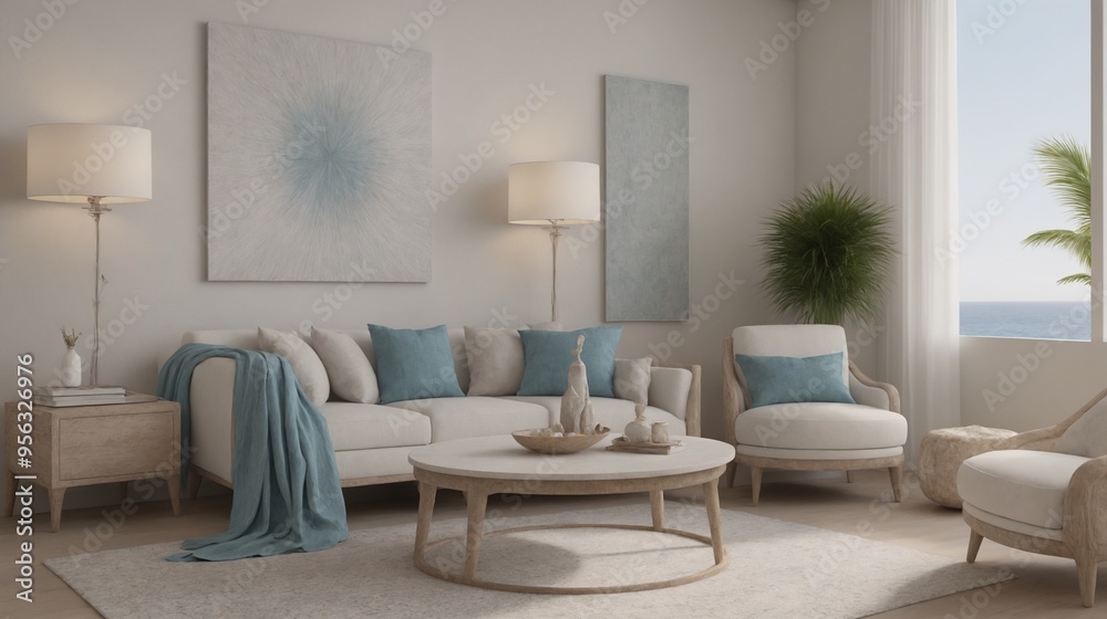 Ultra-realistic white and blue theme living room area with multiple photo frames on the front wall and other accessories interior design image template. White living room interior image.