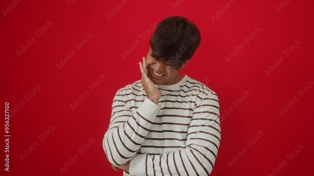 Toothache, young hispanic man wearing striped t-shirt standing with painful expression and hand on mouth, suffering from dental illness over isolated red background Toothache, young hispanic man wearing striped t-shirt standing with painful expression and hand on mouth, suffering from dental illness over isolated red background