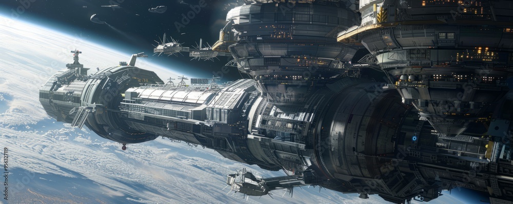 Futuristic spacecraft docking at a space station, 4K hyperrealistic photo Futuristic spacecraft docking at a space station, 4K hyperrealistic photo