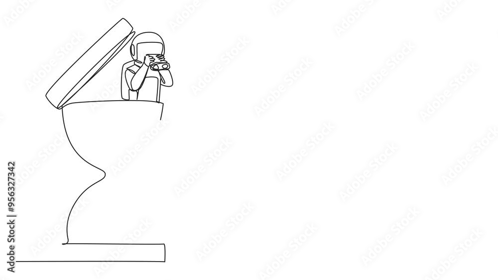 Animation of continuous one line drawing of astronaut emerges from an hourglass looking for something through binoculars. Counting down to homecoming from a space expedition. Full length motion Animation of continuous one line drawing of astronaut emerges from an hourglass looking for something through binoculars. Counting down to homecoming from a space expedition. Full length motion