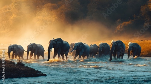 Majestic elephant herd gracefully crossing a river in a tranquil scenic natural landscape with a cloudy sky and reflections in the water photo