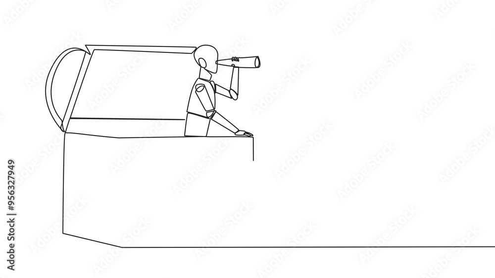 Animated self drawing of single continuous line drawing a smart robot emerges from the treasure chest looking for something through binoculars. Analyze the findings. Rich robot. Full length animation Animated self drawing of single continuous line drawing a smart robot emerges from the treasure chest looking for something through binoculars. Analyze the findings. Rich robot. Full length animation