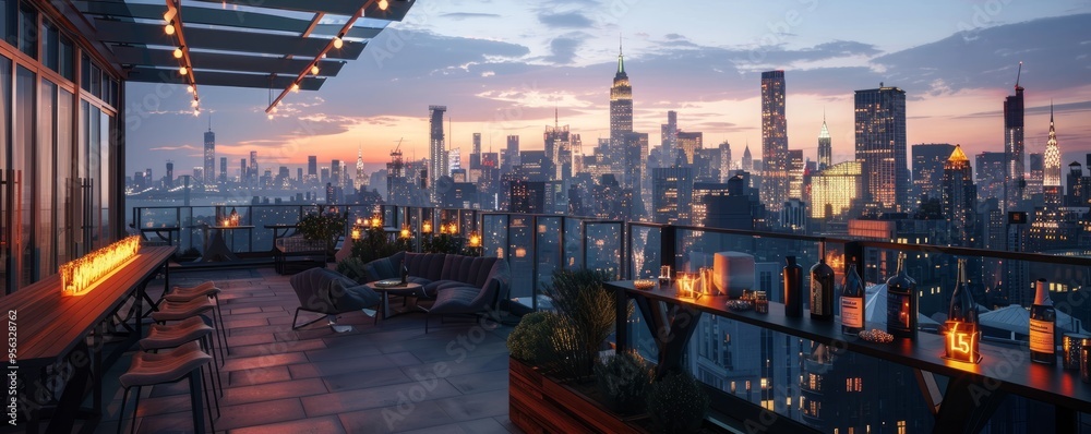 Fototapeta premium Chic rooftop reception with panoramic city views, 4K hyperrealistic photo