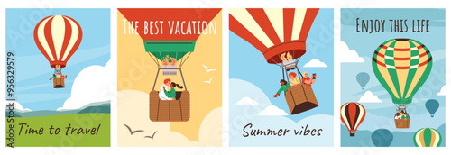Summer atmosphere in a collection of flat posters with a hot air balloon.