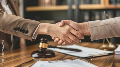 A professional lawyer shaking hands with her client over an office desk with documents and a gavel with law books background, Bribery, Concept lawyer, and legal.