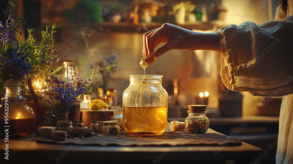 Cozy Living Room with Person Blending Homemade Remedy in Glass Jar Surrounded by Natural Ingredients and Plants Cozy Living Room with Person Blending Homemade Remedy in Glass Jar Surrounded by Natural Ingredients and Plants
