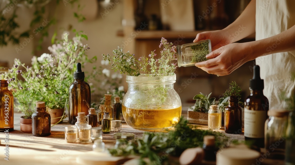 Herbal Alchemy in a Tranquil Workspace - Person Mixing Herbs into Glass Jar with Natural Ingredients and Oils Herbal Alchemy in a Tranquil Workspace - Person Mixing Herbs into Glass Jar with Natural Ingredients and Oils