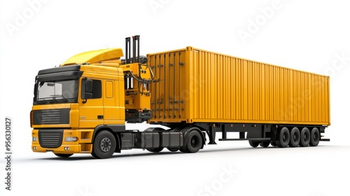 A vibrant yellow truck with a large cargo container, ideal for transport and logistics imagery.