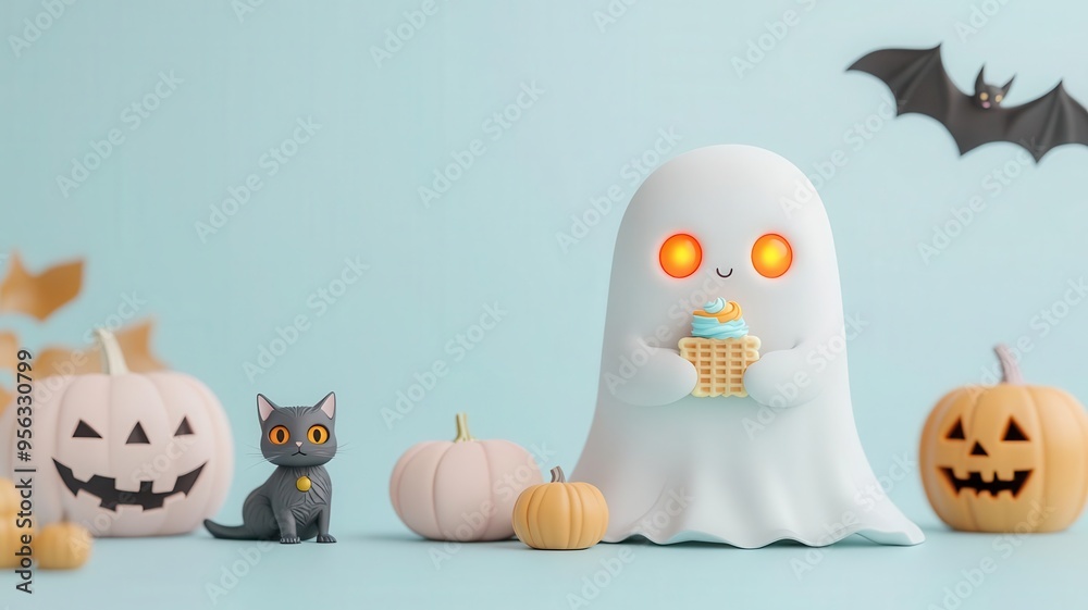Cute ghost with glowing eyes holds a cupcake surrounded by pumpkins and a black cat, perfect for Halloween decorations.