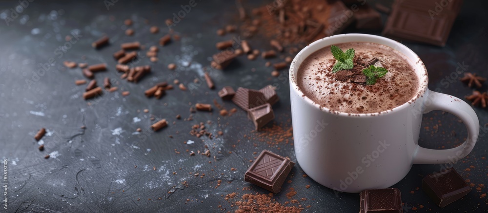 Mug with tasty hot chocolate on a dark table with copy space image