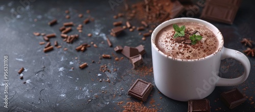 Obraz na płótnie Mug with tasty hot chocolate on a dark table with copy space image w salonie