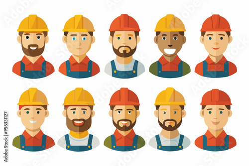 Construction worker face avatar icons vector, Construction worker, Illustration of man wearing worker apron outfit 