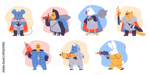 Vector illustration of animal warriors in armor, with weapons in their hands: swords, pistols, blasters
