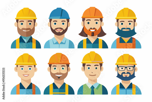 Construction worker face avatar icons vector, Construction worker, Illustration of man wearing worker apron outfit 