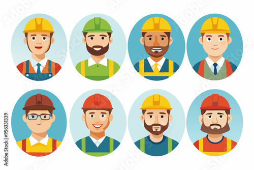 Construction worker face avatar icons vector, Construction worker, Illustration of man wearing worker apron outfit 